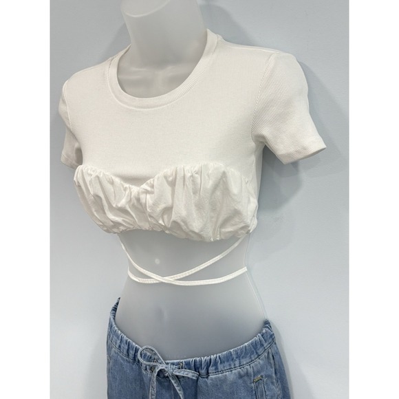 Zara White Crop Top Wrap Tie Bustier Corset Style Cotton Tee S Y2K - Picture 4 of 10